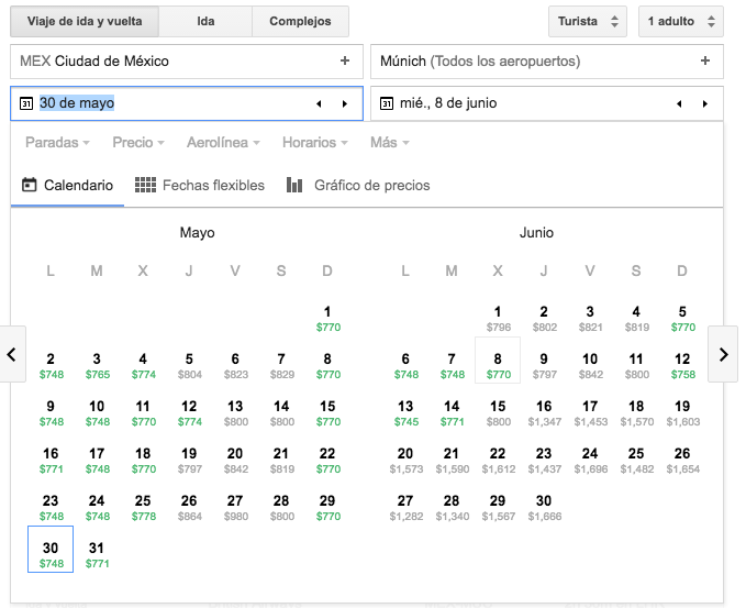 Google Flights Calendario de Precios