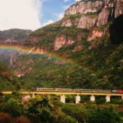 tren pasando por un puente en una montaña